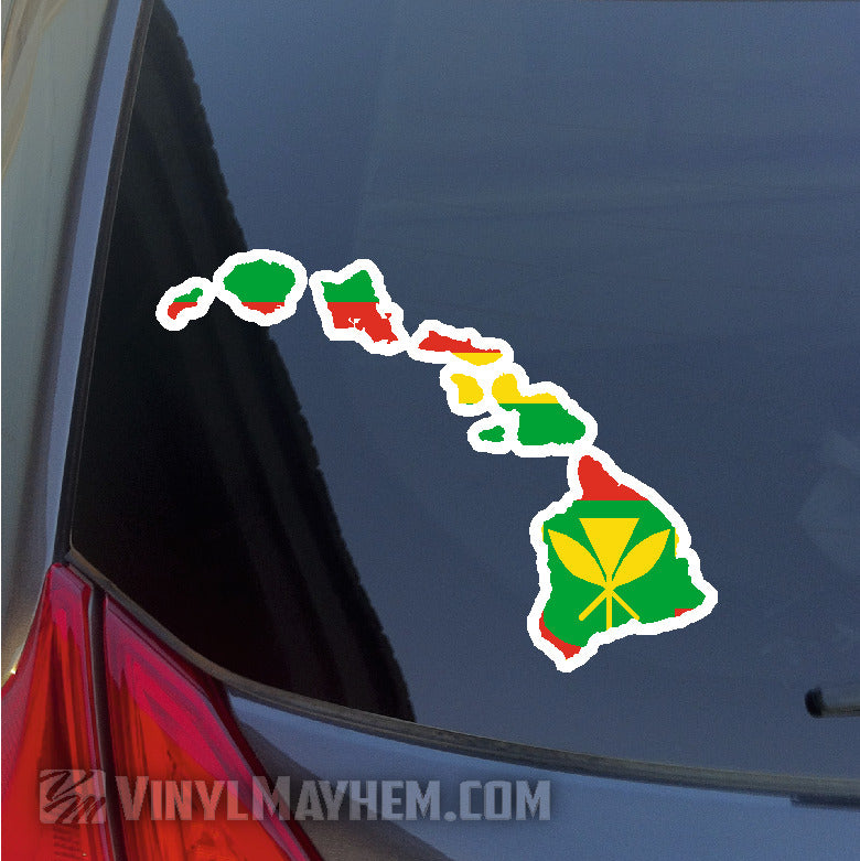 Hawaiian flag-themed vinyl decal on a car window with 'Vinyl Mayhem' branding.