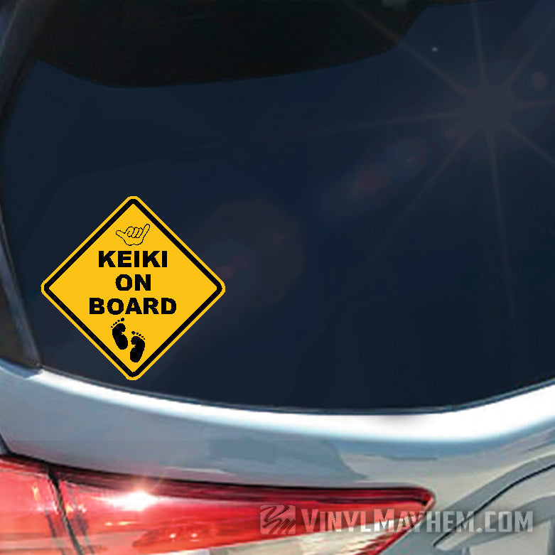 Hawaiian Keiki On Board with footprints and hang loose traffic sign sticker