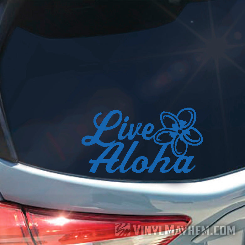 Live Aloha script with plumeria flower vinyl sticker