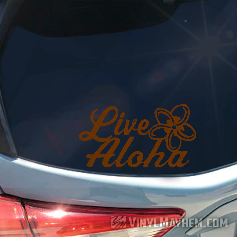 Live Aloha script with plumeria flower vinyl sticker