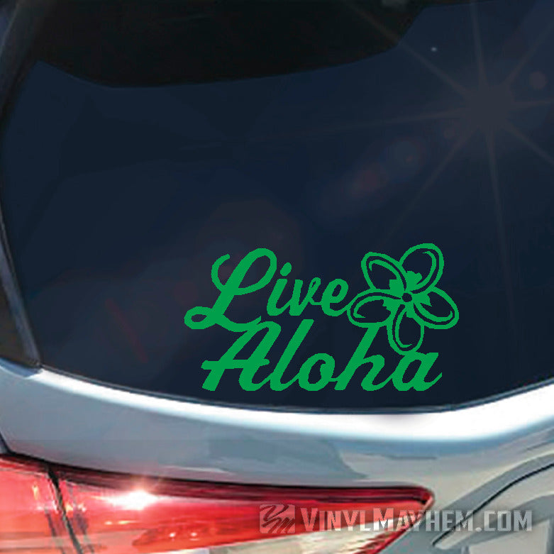 Live Aloha script with plumeria flower vinyl sticker