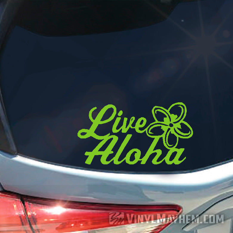 Live Aloha script with plumeria flower vinyl sticker