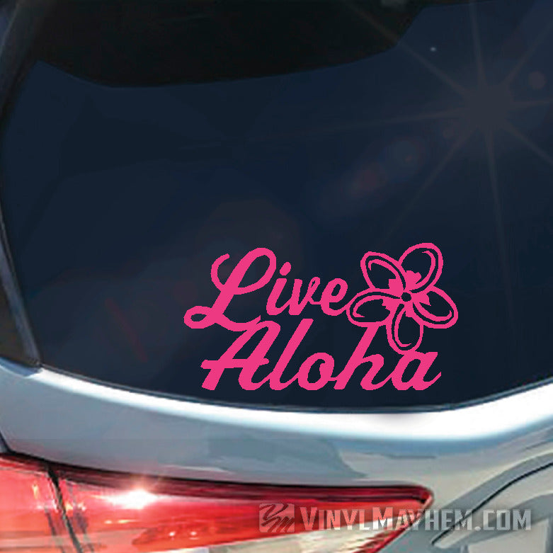 Live Aloha script with plumeria flower vinyl sticker