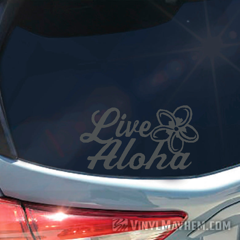 Live Aloha script with plumeria flower vinyl sticker