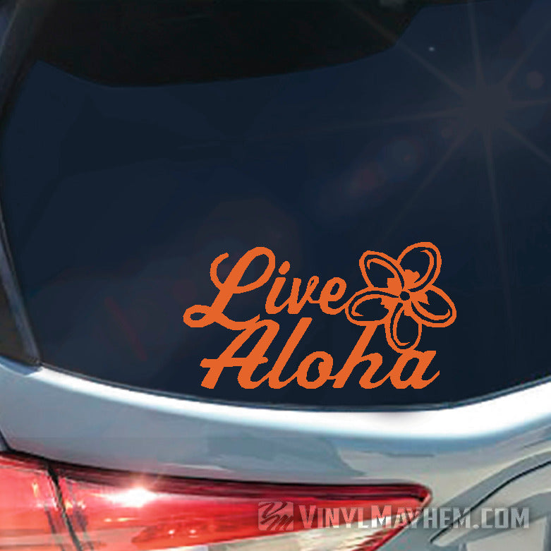 Live Aloha script with plumeria flower vinyl sticker
