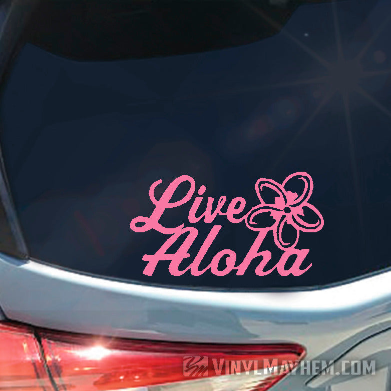 Live Aloha script with plumeria flower vinyl sticker