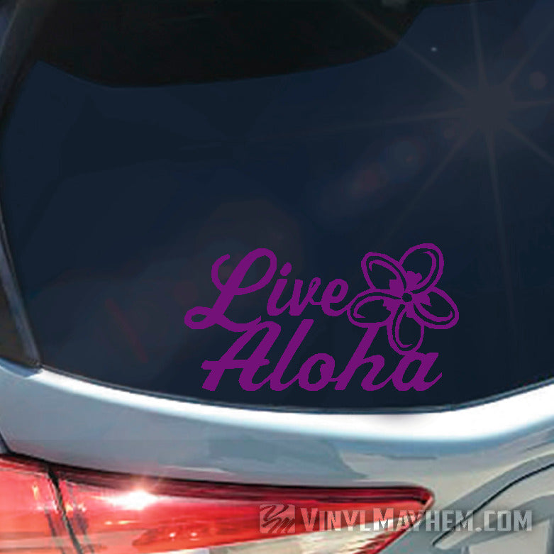 Live Aloha script with plumeria flower vinyl sticker