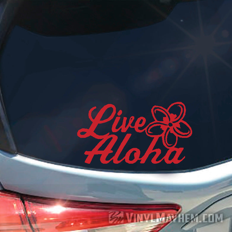 Live Aloha script with plumeria flower vinyl sticker