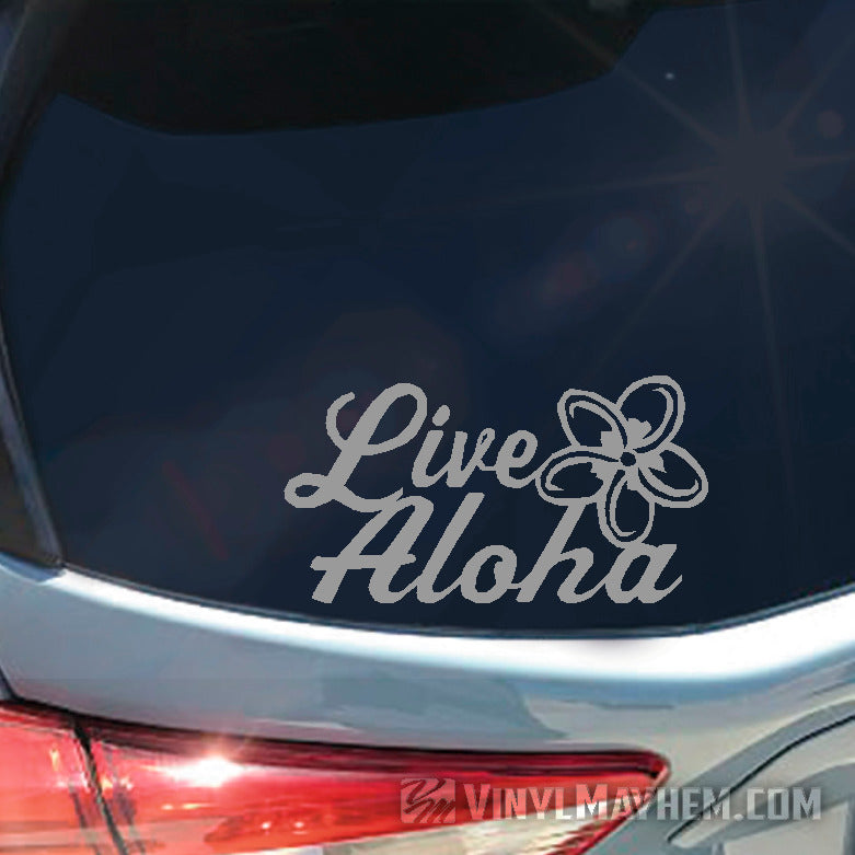 Live Aloha script with plumeria flower vinyl sticker