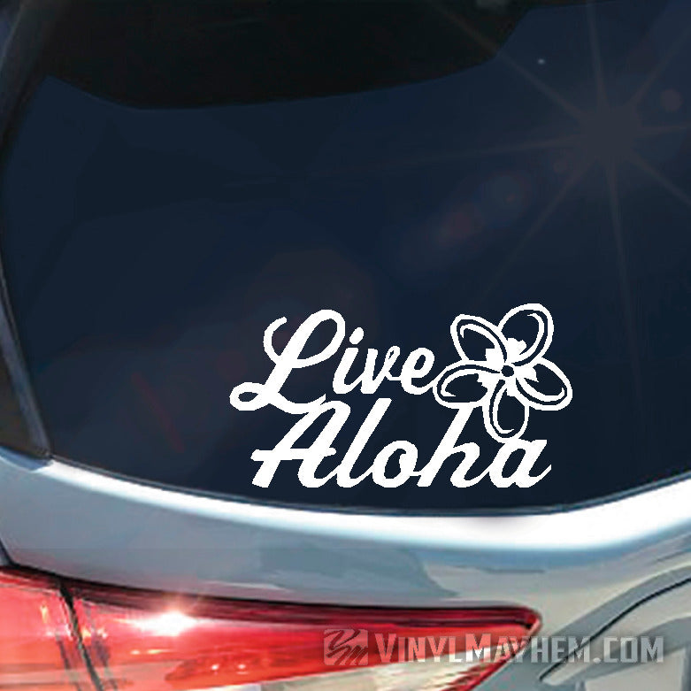Live Aloha script with plumeria flower vinyl sticker