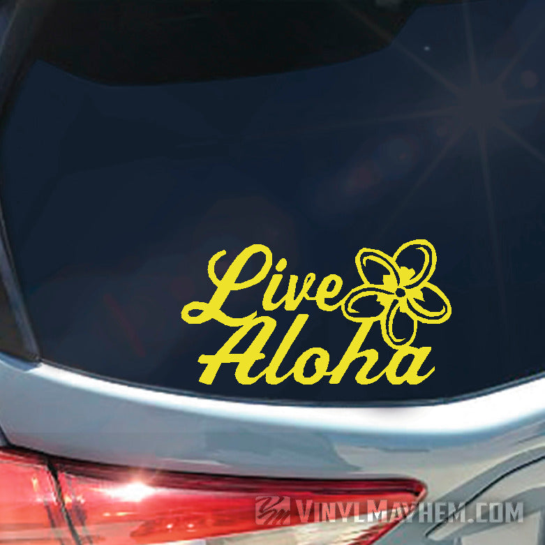 Live Aloha script with plumeria flower vinyl sticker