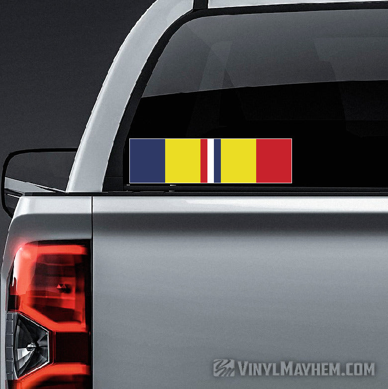 Colorful rectangular decal on a car's rear window with 'vinylmayhem.com' branding.