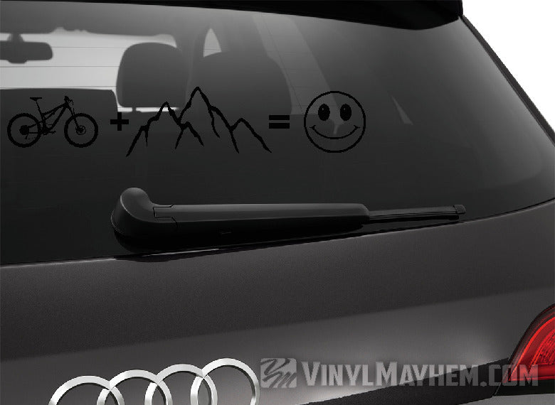Mountain Bike plus mountains equals happy vinyl sticker