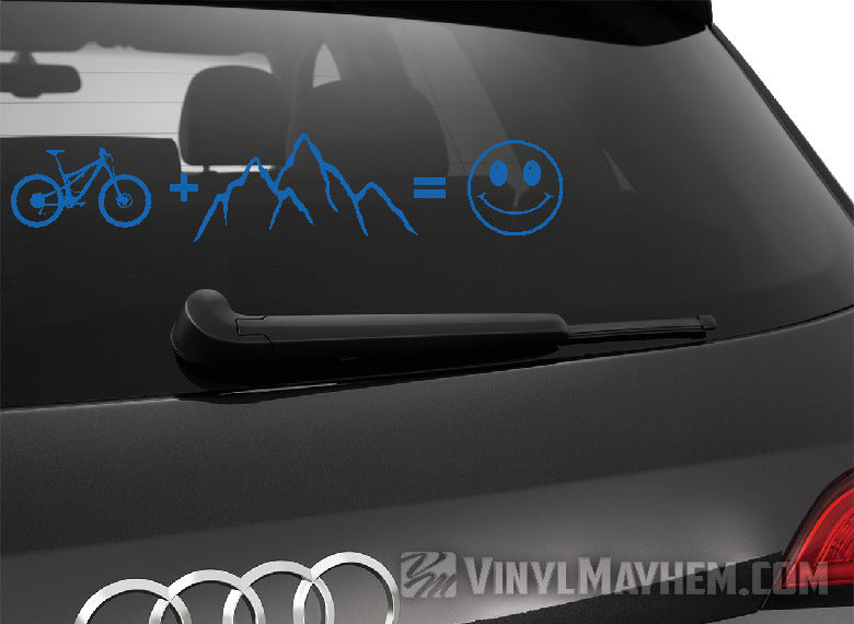 Mountain Bike plus mountains equals happy vinyl sticker