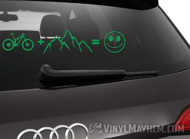 Mountain Bike plus mountains equals happy vinyl sticker