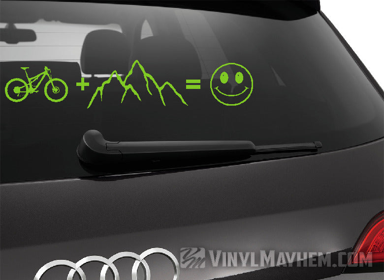 Mountain Bike plus mountains equals happy vinyl sticker