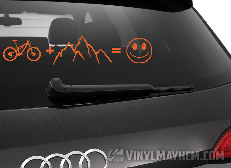 Mountain Bike plus mountains equals happy vinyl sticker