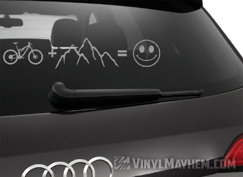 Mountain Bike plus mountains equals happy vinyl sticker