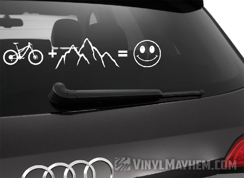 Mountain Bike plus mountains equals happy vinyl sticker