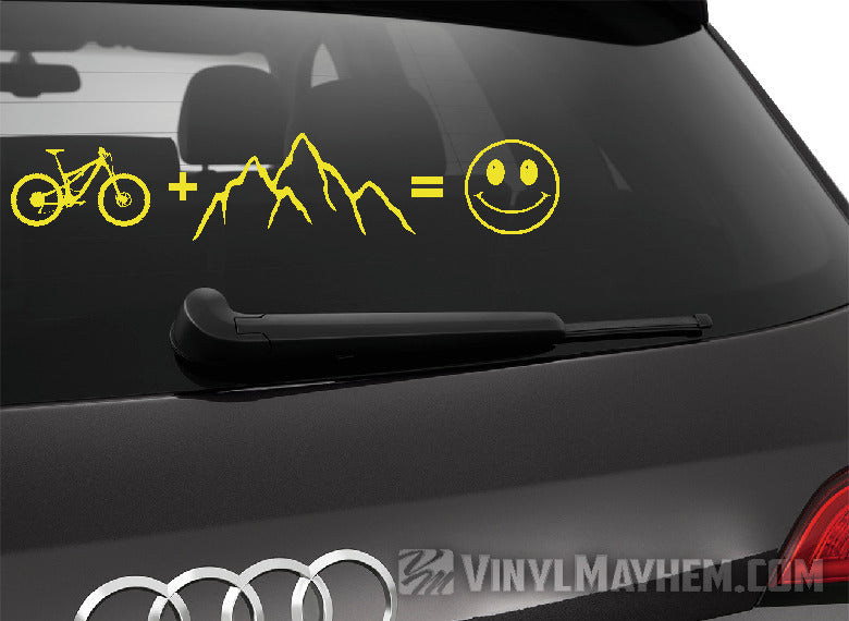 Mountain Bike plus mountains equals happy vinyl sticker