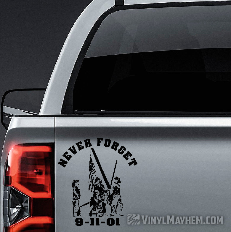 Never Forget September 11th Firemen Raising American Flag vinyl sticker
