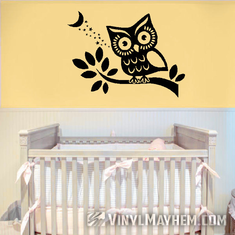 Owl on branch with stars and moon vinyl sticker