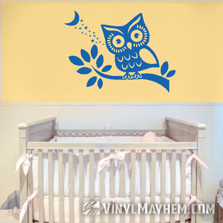 Owl on branch with stars and moon vinyl sticker