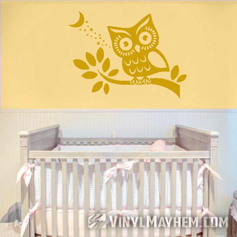Owl on branch with stars and moon vinyl sticker