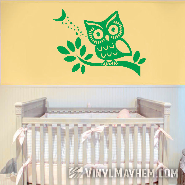 Owl on branch with stars and moon vinyl sticker