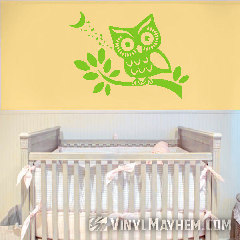 Owl on branch with stars and moon vinyl sticker