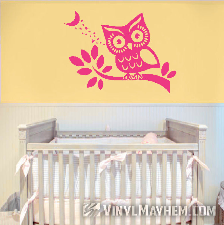 Owl on branch with stars and moon vinyl sticker