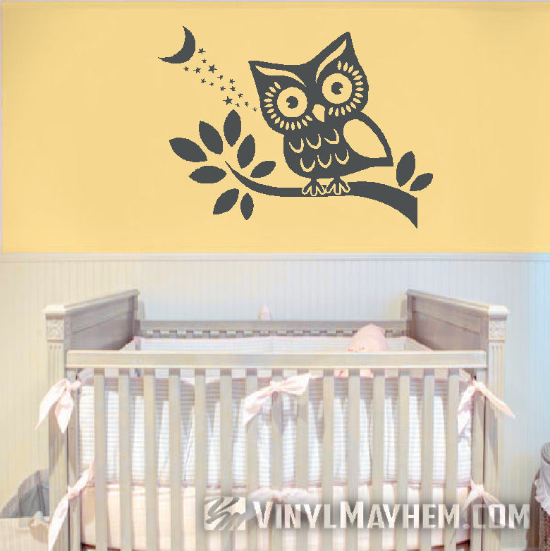 Owl on branch with stars and moon vinyl sticker