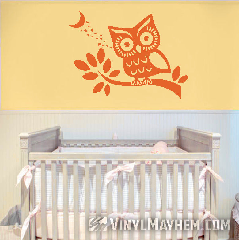 Owl on branch with stars and moon vinyl sticker