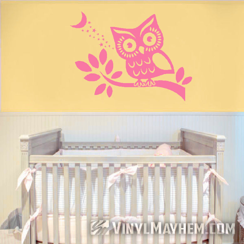 Owl on branch with stars and moon vinyl sticker