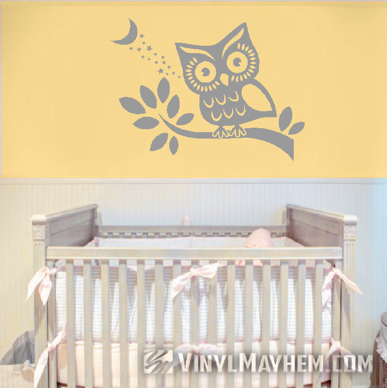 Owl on branch with stars and moon vinyl sticker