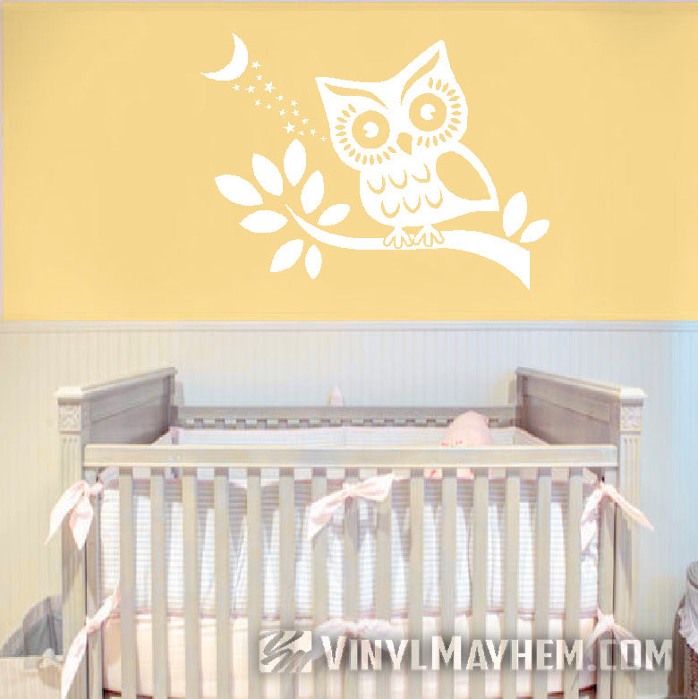 Owl on branch with stars and moon vinyl sticker