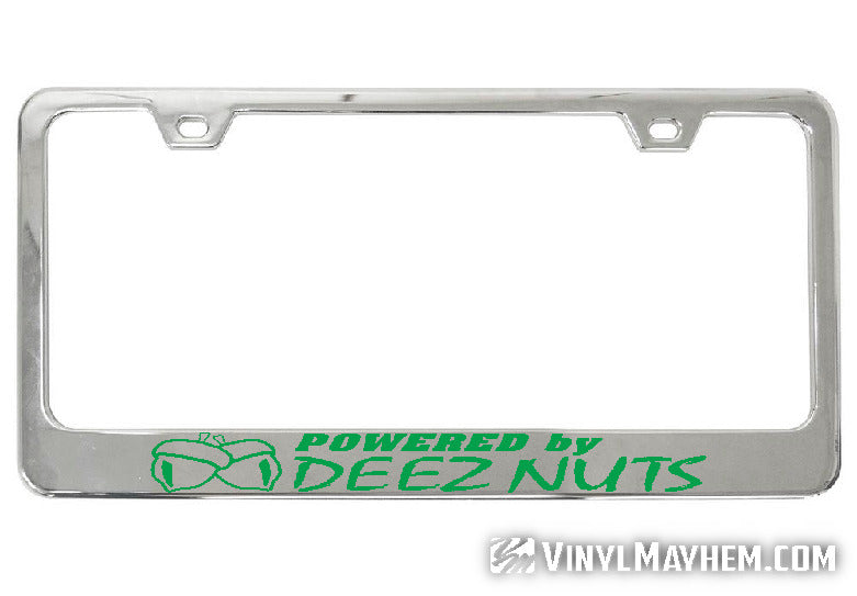 Powered by Deez Nuts chrome license plate frame