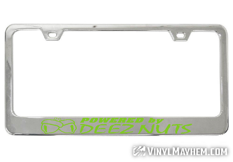 Powered by Deez Nuts chrome license plate frame