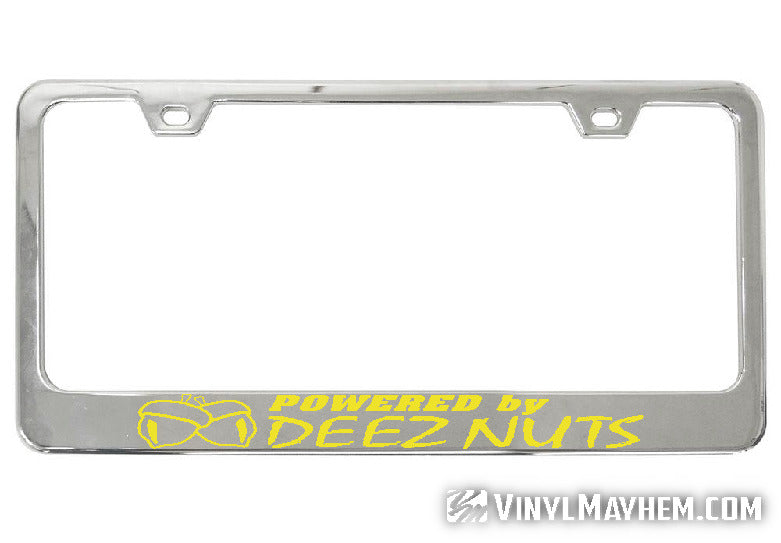 Powered by Deez Nuts chrome license plate frame