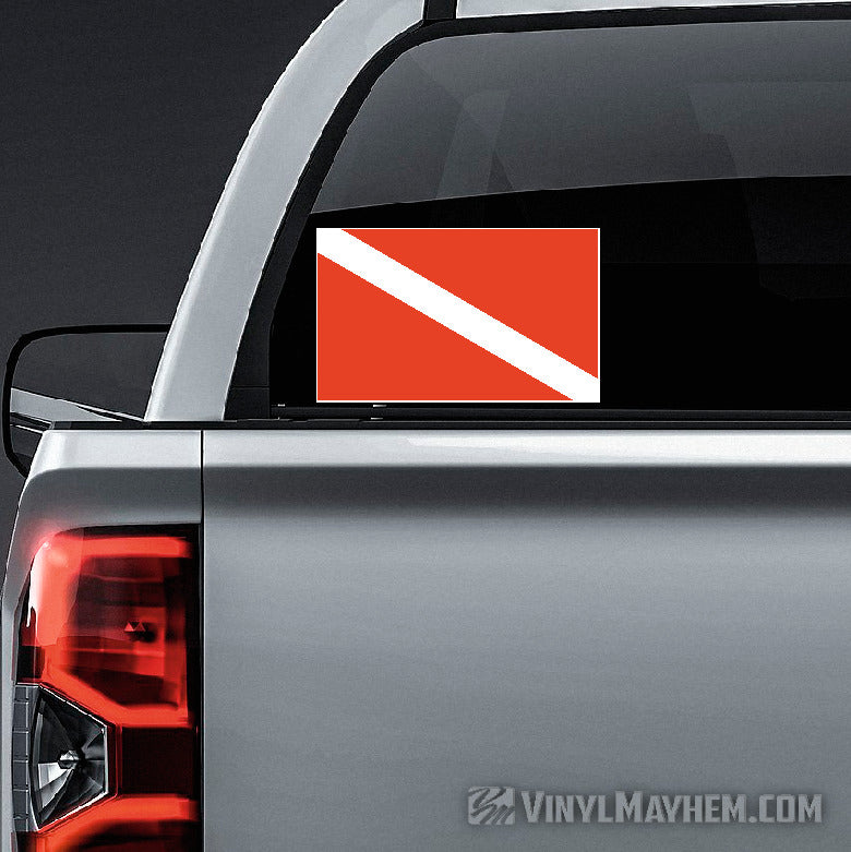 Dive flag decal on a car&#39;s rear window with Vinyl Mayhem.com branding.