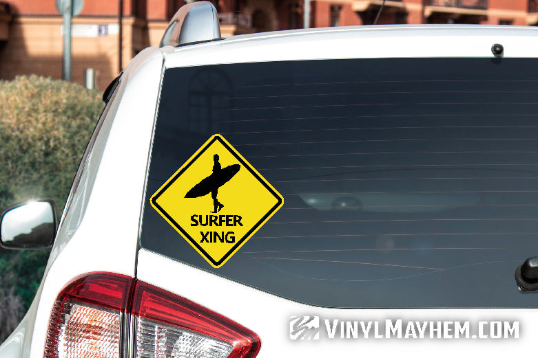 Surfer crossing caution sign sticker